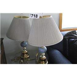 2 BLUE/BRASS LAMPS WITH SHADES