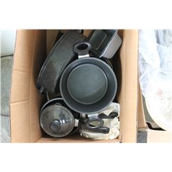 BOX WITH ENAMEL ROASTERS, POTS, PANS, BAKEWARE, ETC