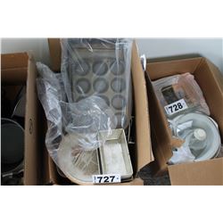 BOX WITH BAKEWARE, DISHES, PYREX BOWLS, ETC
