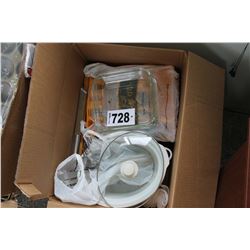 BOX WITH UTENSILS, KNIVES, CROCK POT, ETC