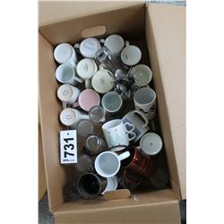 BOX WITH MUGS, GLASSES, UTENSILS, ETC