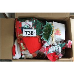BOX WITH LINEN, CASSEROLES, CHRISTMAS DECORATIONS, ETC