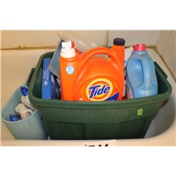 TOTE WITH CLEANING SUPPLIES, LAUNDRY DETERGENT, ETC