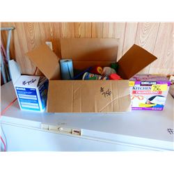 BOX WITH CLEANERS, GARBAGE BAGS, ETC