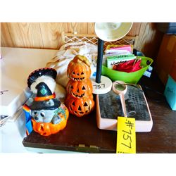 DESK LAMP, HALLOWEEN DECORATIONS, BATHROOM SCALE, ETC
