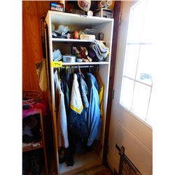 WHITE SHELVING UNIT WITH CLOTHING, HATS, TOQUES, ETC