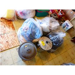 PRESSURE COOKER, ENAMEL CANNER, BAGS OF ASSORTED LINEN