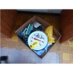 BOX WITH OUTDOOR THERMOMETER, FLASH LITES, NAILS, ETC