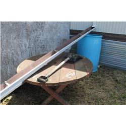 WOOD PATIO TABLE, 2 WOOD BENCHES, SHOVEL & BLUE PLASTIC BARREL