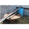 Image 1 : WOOD PATIO TABLE, 2 WOOD BENCHES, SHOVEL & BLUE PLASTIC BARREL
