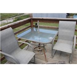 PATIO TABLE, 2 CHAIRS, UMBRELLA STAND