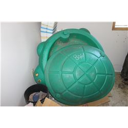 KID'S TURTLE SAND BOX WITH COVER, BOOK SHELF, TOMATO CAGES, ETC
