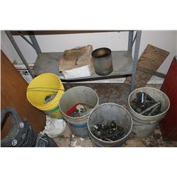 4 PAILS OF PARTS, HARDWARE, METAL SHELF, RED TOOLBOX, TOOLS, ETC