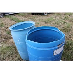 2 OPEN BLUE PLASTIC BARRELS