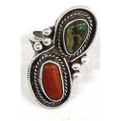 Navajo Sterling Turquoise Coral Ring, Size 11.5