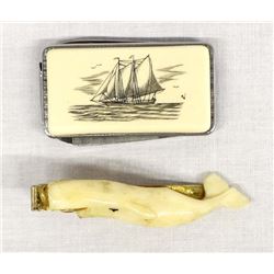 Estate Scrimshaw Knife and Whale Tie Tack