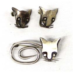 Taxco Sterling Cat Pin & Screwback Earrings