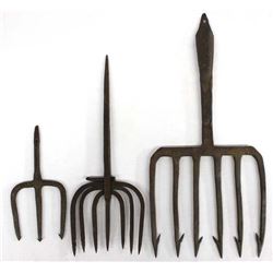 3 Antique Hand Forged Iron Frog & Fish Gigs