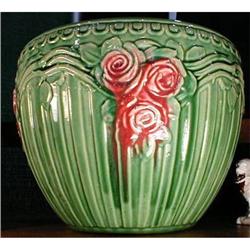 DECO Jardiniere GREEN w/ Roses ANTIQUE Majolica#1035692