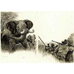 L. B. Cole - Elephant Hunting Illustration Original Art 