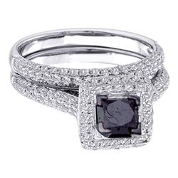 1 & 1/4 CTW Princess Black Color Enhanced Diamond Bridal Wedding Ring 14kt White Gold - REF-64H2W