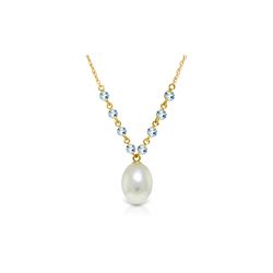 Genuine 5 ctw Pearl & Aquamarine Necklace 14KT Yellow Gold - REF-26X9M