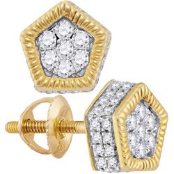 1/2 CTW Mens Round Diamond Polygon Fluted Cluster Stud Earrings 10kt Yellow Gold - REF-26X3T