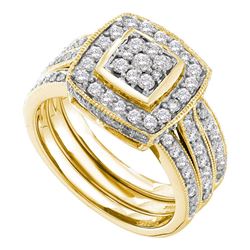 1 CTW Round Diamond Cluster 3-Piece Wedding Bridal Engagement Ring 14kt Yellow Gold - REF-101Y9X