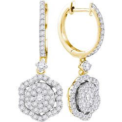 1 CTW Round Diamond Hexagon Frame Cluster Dangle Earrings 14kt Yellow Gold - REF-77K9R