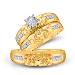 1/8 CTW His & Hers Round Diamond Claddagh Matching Bridal Wedding Ring 14kt Yellow Gold - REF-51N5Y