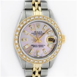 Rolex Ladies 2 Tone 18K Gold Bezel Pink MOP Baguette Diamond Datejust Wristwatch