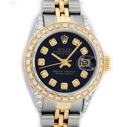 Rolex Ladies 2 Tone 14K Black Diamond Lugs Datejust Wristwatch