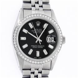 Rolex Mens Stainless Steel Black Baguette Diamond 36MM Datejust Wristwatch With