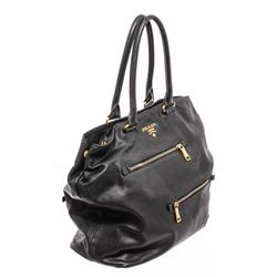 Prada Black Leather Zipper Tote Bag