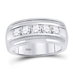 1 & 1/2 CTW Mens Round Diamond Single Row 5-Stone Wedding Ring 14kt White Gold - REF-281H9W
