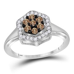 1/2 CTW Round Brown Diamond Polygon Cluster Ring 10kt White Gold - REF-19T2K