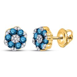 1 CTW Round Blue Color Enhanced Diamond Cluster Screwback Earrings 10kt Yellow Gold - REF-35M9A