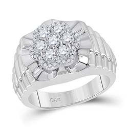 1 CTW Mens Round Diamond Scalloped Cluster Ring 10kt White Gold - REF-111H3W