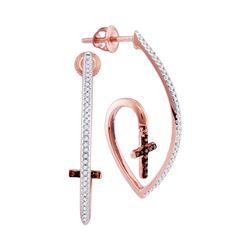 1/4 CTW Round Red Color Enhanced Diamond Cross Faith Dangle Earrings 10kt Rose Gold - REF-28N8Y