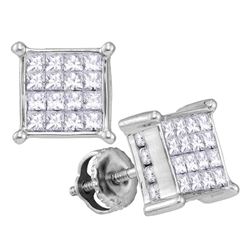 1 CTW Princess Diamond Cluster Stud Earrings 14kt White Gold - REF-60K3R