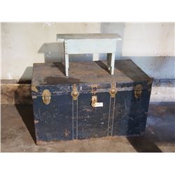 Vintage Metal Trunk (39 by 21.5") and Wooden Table and Contents (21 by 7.5")