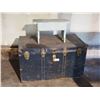 Image 1 : Vintage Metal Trunk (39 by 21.5") and Wooden Table and Contents (21 by 7.5")