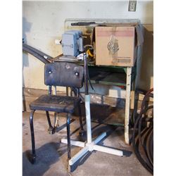 Chair, Metal Table 32 by 16, Box With Gloves and Saw
