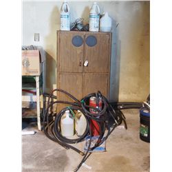 Cabinet (29 by 12") with Contents, Fire Extinguisher, Hydraulic Hose and Misc