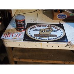 Harley Davidson Coffee Tin, Metal Garage Sign, and License Plate
