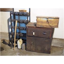 Wooden Storage Cabinet (30 by 17"), Metal Bolt Bin 45" T and contents