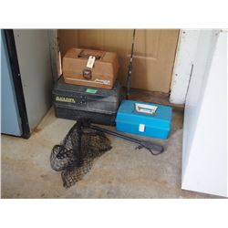 3 Empty Plastic Tackle Boxes and Fishing Net (Folding)