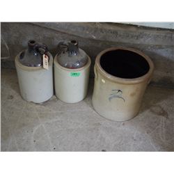 2 Whiskey Jugs and Salt Slaze Crock with Hair Cracks
