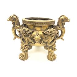 Large Two-Handled Foo Dog & Dragon Decorated Lion Footed Brass Censor