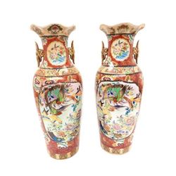 Large Pair Of Hand Painted Japanese Satsuma Vases